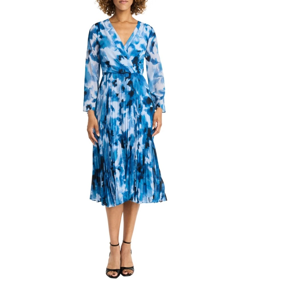 Maggy London‎ Blue Abstract Watercolor Pleated Midi Dress Long Sleeve V-Neck 6